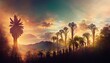 The silhouette of palm trees at sunset. Magical landscape, mountains, sky, stars, palm trees, forest, tropics. 3d artwork