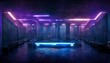 © Zaleman - A sci-fi room in blue, pink, purple neon color. Podium in the center of the hall. Reflection of light on the floor. 3d render
