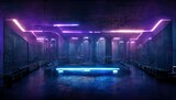 Fototapeta Perspektywa 3d - A sci-fi room in blue, pink, purple neon color. Podium in the center of the hall. Reflection of light on the floor. 3d render