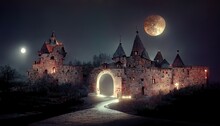 A Fantasy Medieval Fortress At Night On A Full Moon, A Fairy-tale Fortress, A Starry Sky With A Full Moon. 3d Render
