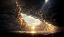 A Stormy Dark Sky With Black Clouds And Sparkling Lightning From Behind Which The Sun And Direct Sunlight Are Visible. 3d Render