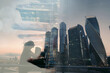 Multiple exposure of woman silhouette sitting opposite Residential skyscrapers in sunset time. Modern business Financial district of city center, high-rise buildings