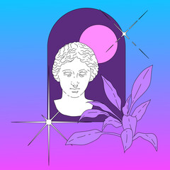 Wall Mural - Aphrodite sculpture with palm leaves. Line art vaporwave style illustration.