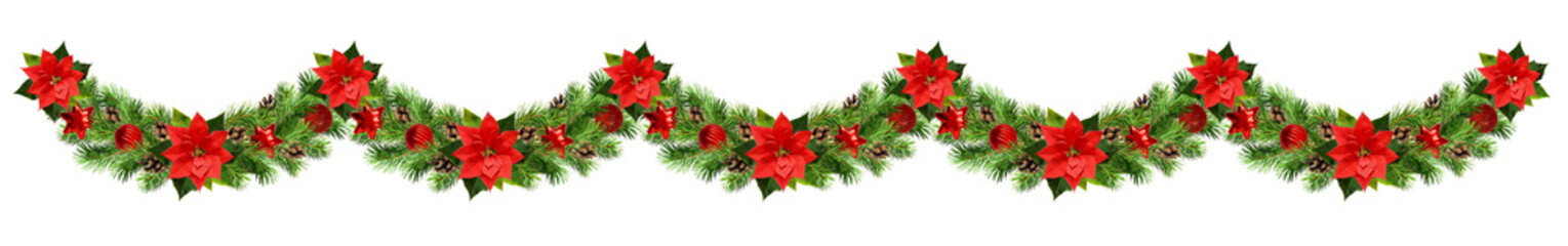 Wall Mural - Christmas waved garland with red pionsettia flower, pine twigs and decorations