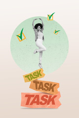 Artwork banner collage of positive lady dancing on pile stack tasks done well accept valid daily projects