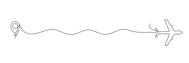 Wall Mural - Airplane continuous line drawing with map pin pointer. Airplane flying with start point. Vector isolated on white.