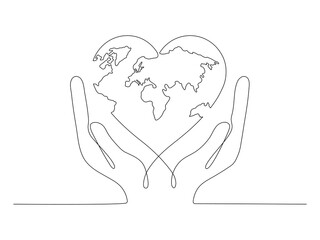Wall Mural - Human hands holding Earth globe continuous line art drawing. Save of Planet linear concept. Vector illustration isolated on white.