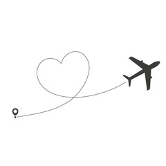 Wall Mural - airplane fly in line route heart shape. flying air plane with start pin pointer. vector isolated on 