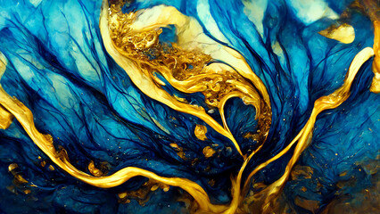 Natural luxury abstract fluid art painting technique. Mixture of colors creating and golden swirls.