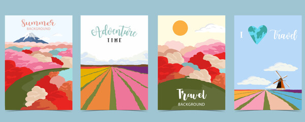 Wall Mural - travel greeting card with luggage,airplane,bus and world
