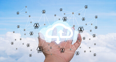 Wall Mural - cloud computing lies in the hands and humans are connected through shared computing resources and da