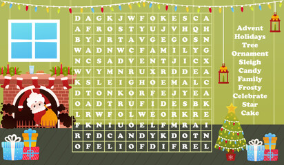 Wall Mural - Christmas worksheet with word search game with santa claus comes out from chimney, printable riddle for kids for winter holidays in cartoon style