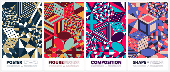 Poster - Abstract color poster in trendy flat style, new modernism aesthetics geometric shapes, colorful cubes with different pattern, vector set of brochures and covers