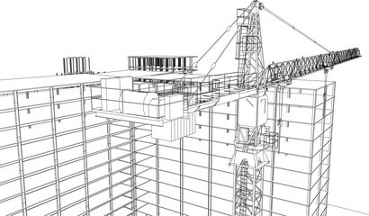 Wall Mural - construction site engineering line sketch with crane architecture 3D illustration vector blueprint