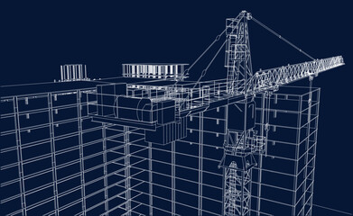 construction site engineering line sketch with crane architecture 3D illustration vector