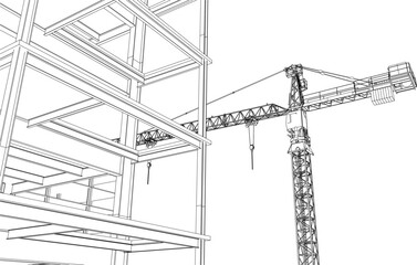 Wall Mural - construction site engineering line sketch with tower crane architecture 3D illustration