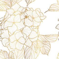 Seamless pattern of hydrangea flower for fabric design. Luxurious line art of spring flowers illustration.