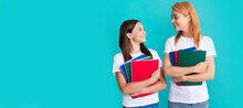 Mother And Daughter Child Banner, Copy Space, Isolated Background. Happy Private Teacher And Child Holding Copybooks Looking At Each Other, Knowledge.
