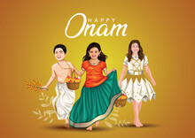 Happy Onam Celebration With Vector Illustration Design Of Kerala Girl And Boy Running With Basket Flower