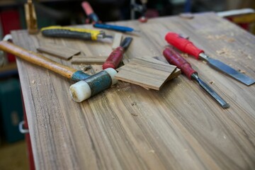 Closeup shot of tolls on wooden table