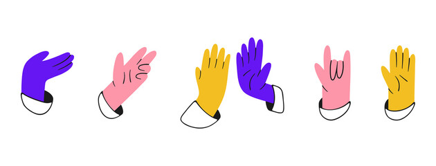 set of multicolored hands. hands with various gestures. rock, high five, hello, holding hand. vector