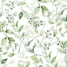 Seamless Pattern With Watercolor Leaves, Repeat Floral Texture, Background Hand Drawing. Perfectly For Wrapping Paper, Wallpaper, Fabric, Texture And Other Printing.