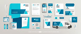 Fototapeta Młodzieżowe - Brand Identity Mock-Up of stationery set with blue abstract geometric design. Business office stationary mockup template of File folder, annual report, van car, brochure, corporate mug
