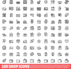 Poster - 100 shop icons set. Outline illustration of 100 shop icons vector set isolated on white background