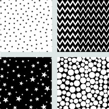 Set Of Seamless Vector Dotted Patterns. Creative Geometric Colorful And Black, White Backgrounds With Chaotic Dots. Grunge Texture With Attrition, Cracks And Ambrosia. Old Style Vintage Design.
