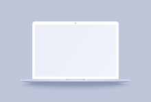 White Laptop Mockup. Clay Notebook In 3d Realistic Style For Promo Your Web Design Or Presentation. Clay Laptop With Blank Screen Isolated On Purple Background With Shadow.