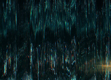 Glitch Overlay. Analog Noise Texture. Electronic Defect. Green Blue Black Color Glowing Distortion Artifacts Light Flare On Dark Illustration Abstract Background.