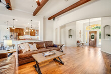 Home living room with wood beams