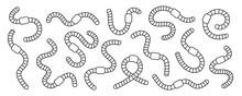 Curled Earthworms Outline Set. Terrestrial Worms Line Banner. Invertebrate Crawling Worms Illustration. Collection Of Curled Earthworms