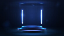 Empty Blue Podium Floating In The Air With Blue Flying Line Lamps Around, 3d Realistic Vector Illustration.