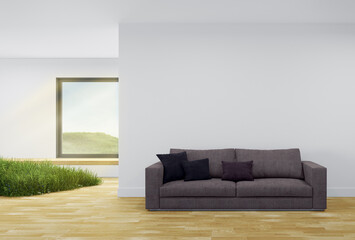 Grass overgrown and sofa on the floor. 3d rendering of interior blank wall with landscape background.