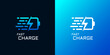 Fast electric charging logo. Battery with lightning quick electrical power charger brand identity symbol. Speed electricity charge linear logotype. Express energy recharge company vector blue insignia