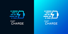Fast Electric Charging Logo. Battery With Lightning Quick Electrical Power Charger Brand Identity Symbol. Speed Electricity Charge Linear Logotype. Express Energy Recharge Company Vector Blue Insignia