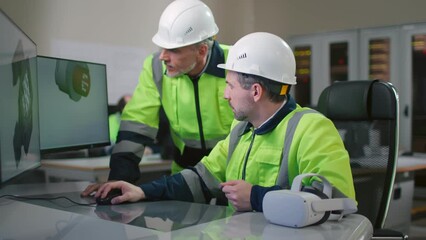 Industrial engineers in protective uniform discuss 3d blueprint of machine detail on computer