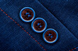 A row of buttons on the sleeve of a blue men's suit. clothing element