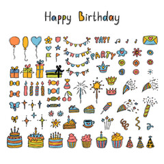 Canvas Print - Hand drawn Birthday elements. Holiday collection. Party time clipart. Doodle decoration. Set of party elements