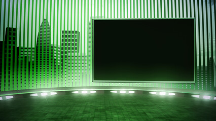 Wall Mural - Industrial virtual TV backdrop with an empty screen. 3D rendering studio background, with a dark green aesthetic. Ideal for tv shows or tech events. Graphics template suitable on VR stage sets