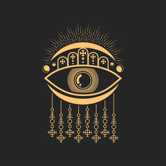 Egypt eye occult sign, Egyptian cross, moon isolated mason and magic tarot sign. Vector mystery esoteric symbol, tattoo design element