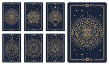 Tarot Cards. Astrology Arcana Cards Or Occult Ritual Tattoo Set. Tarot Cards For Divination Or Cartomancy With Esoteric Mason Vector Signs, Line Vector Occult And Magic Symbols, Satan Pentagrams