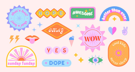 Wall Mural - vector set of cute funny patches and stickers in 90s style.modern icons or symbols in y2k aesthetic 