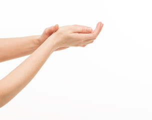 Wall Mural - female hands do massage, touch each other, stroke each other on a white background isolated