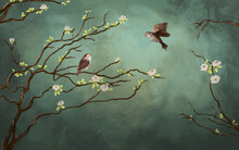 Vintage Wallpaper Design, Long Twigs And Sparrow Background, Retro Style And Oil Painting Effect.