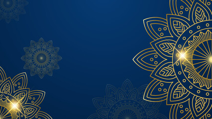 Wall Mural - Mandala arabic blue Islamic design background. Universal ramadan kareem banner background with lantern, moon, islamic pattern, mosque and abstract luxury islamic elements
