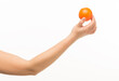 © serhii - female hands holding an orange sponge ball on a white background isolated