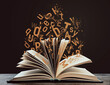 © New Africa - Open book with flying letters on wooden table against brown background. Dyslexia concept