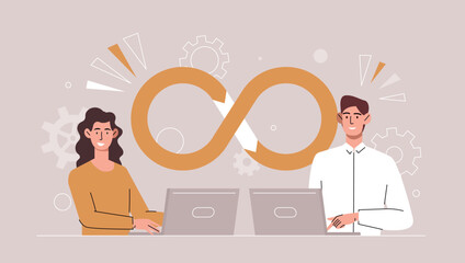 Devops software concept. Man and girl at computers communicate on Internet. Modern technologies and digital world. Programmers work on one project, coworking. Cartoon flat vector illustration